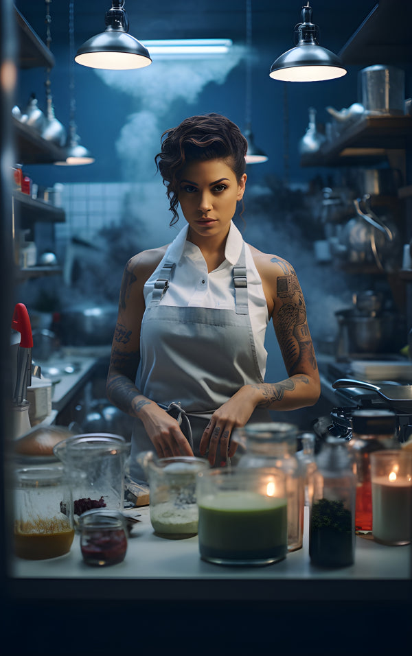 Vinyl Decal, Dramatic Female Chef Tattooed In Professional Kitchen Wall Art Poster Print, 5 x 7 or 8