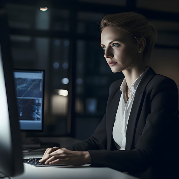 Vinyl Decal, Focused Professional Woman Working Late at Computer Desk Wall Art Print, 5 x 7 or 8 x 1