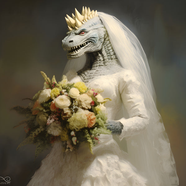 Vinyl Decal, Bridezilla Collectible Figurine, Godzilla in White Wedding Dress and Veil with Floral B