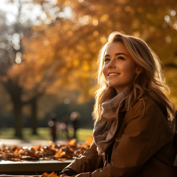 Vinyl Decal, Joyful Blonde Woman Autumn Park Sunlight Wall Art Poster Print, Smiling Happy Girl, 5 x