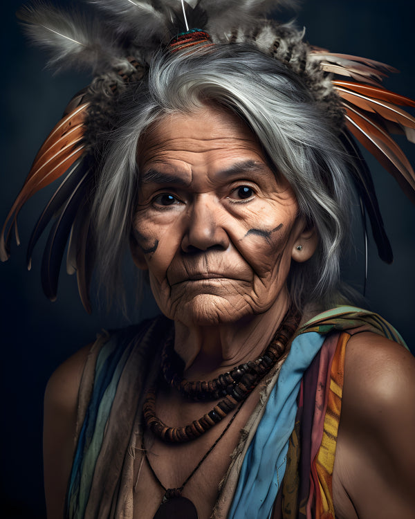 Vinyl Decal, Indigenous Elder Portrait Wall Art Poster Print, Traditional Feather Headdress, 5 x 7 o