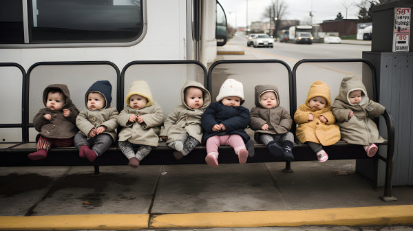 Vinyl Decal, Cute Babies in Winter Coats Sitting on a Bench Wall Art Poster, 5 x 7 or 8 x 10 Inch Un