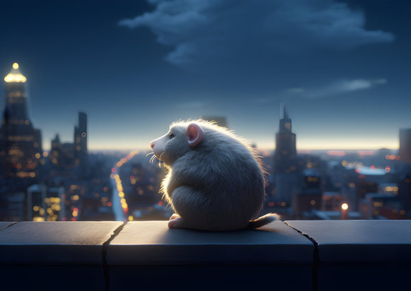 Vinyl Decal, Small Rodent on Rooftop at Night Urban Landscape Artwork