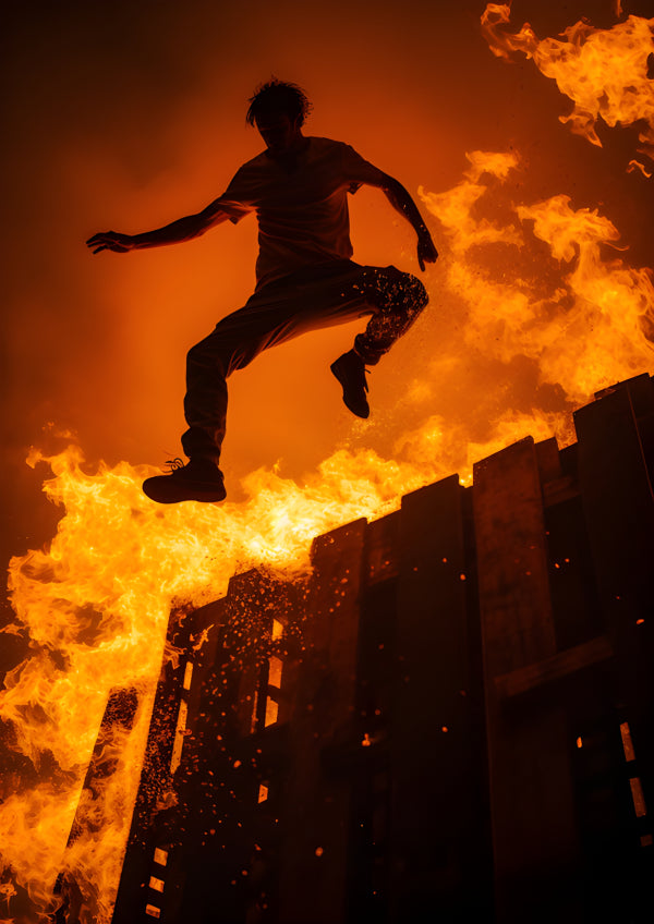 Vinyl Decal, Action Silhouette Man Jumping from Burning Building Wall Art Poster