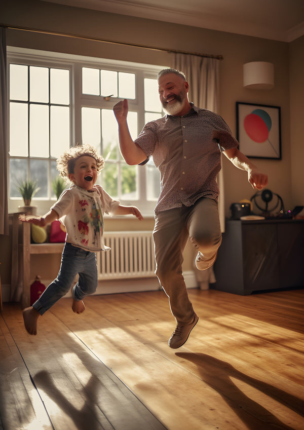Vinyl Decal, Joyful Father and Child Jumping in Living Room Wall Art Print, Unframed Poster