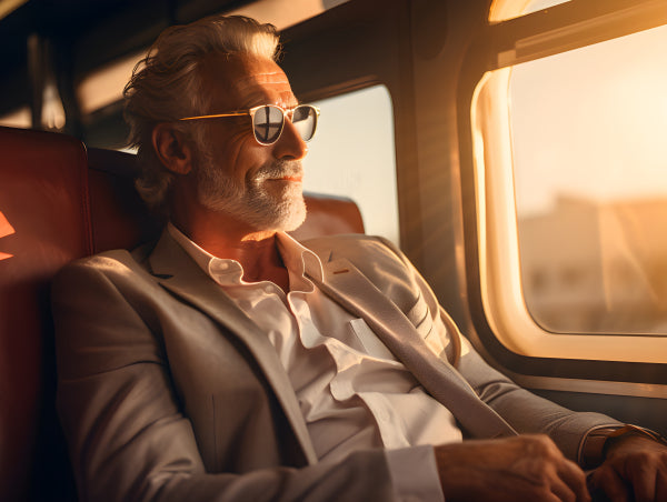 Vinyl Decal, Stylish Gentleman Train Journey Sunset View Poster