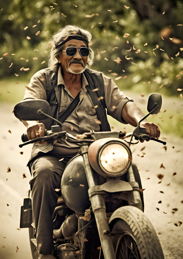 Vinyl Decal, Vintage Biker Man Wall Art Poster Old Man Riding Motorcycle Photo Print Rustic Home Dec