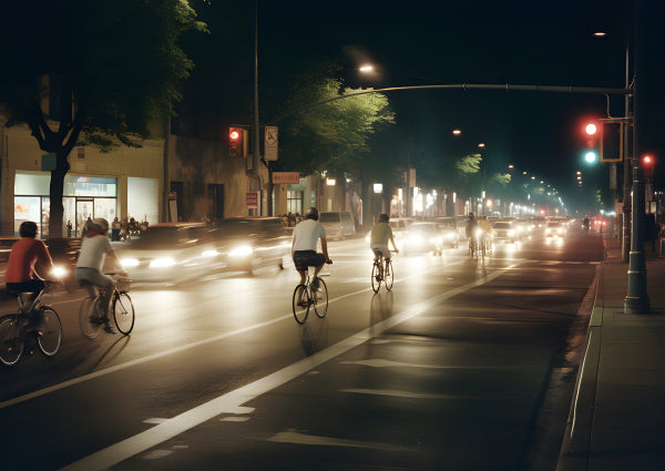Vinyl Decal, Urban Night Ride Cyclists City Lights Motion Blur Wall Art Poster