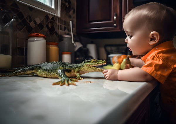 Vinyl Decal, Curious Baby Meets Alligator Toy Kitchen Wall Art Poster Print
