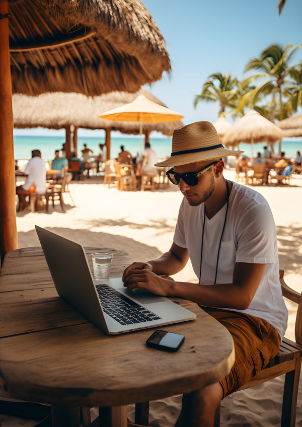 Vinyl Decal, Man Working on Laptop at Sunny Beach Wall Art Poster Print
