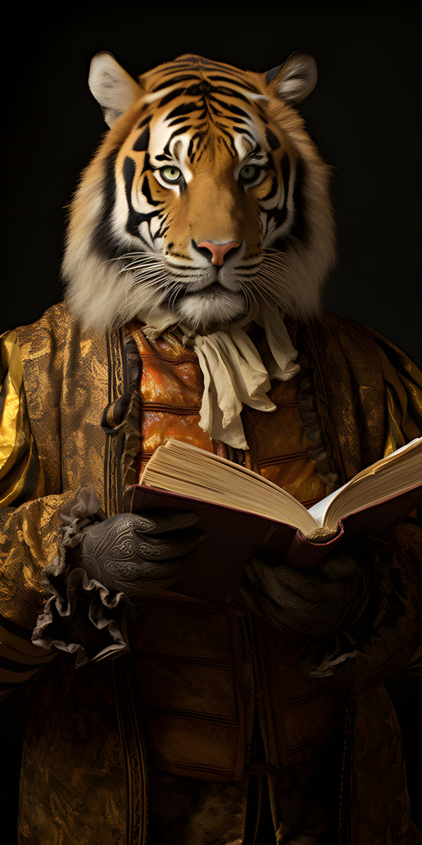 Vinyl Decal Regal Tiger in Vintage Gold Attire Reading a Book Fine Art Print (5" x 7")