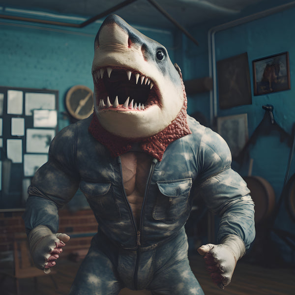 Vinyl Decal, Muscular Anthropomorphic Shark Character in Blue Work Jumpsuit (5" x 7")