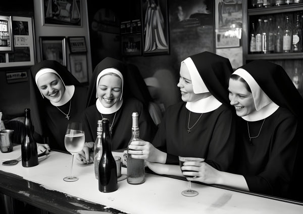 Vinyl Decal, Four Nuns at a Bar Funny Black and White Wall Art Poster Print