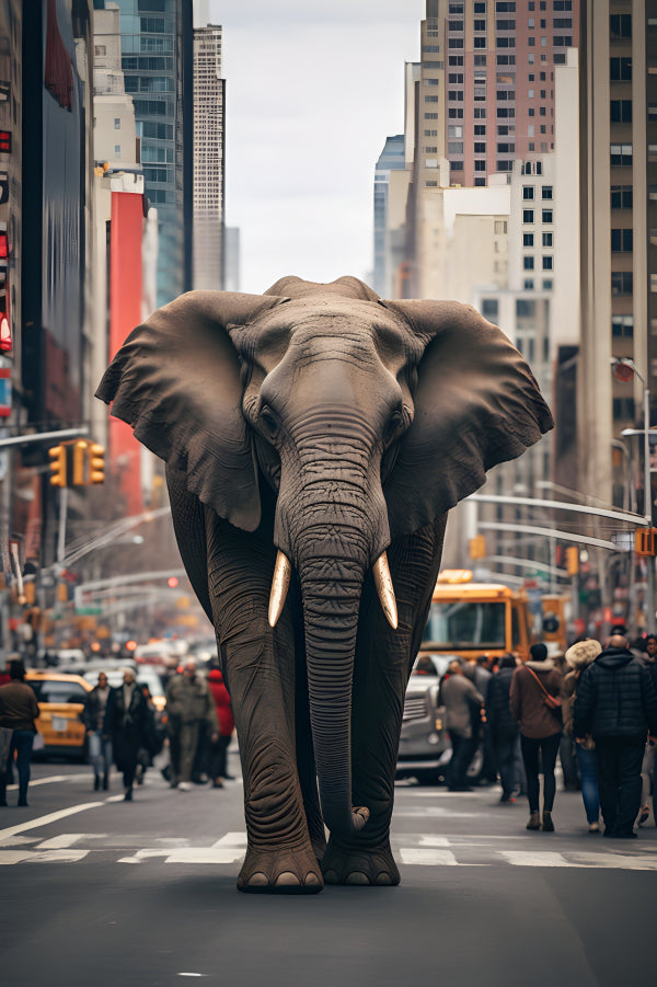 Vinyl Decal, Elephant walks down a bustling city street surrounded by tall skyscrapers (5" x 7")