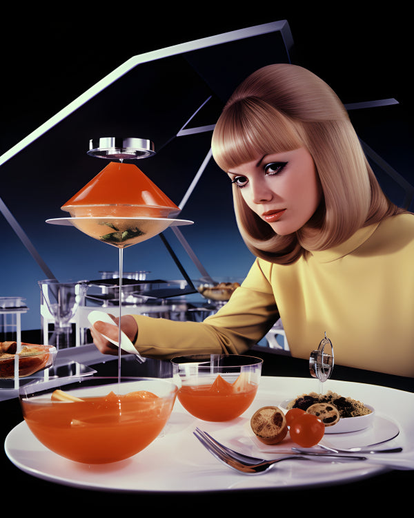 Vinyl Decal, Retro 60s Futuristic Dining Woman Mid Century Modern Pop Art Wall Poster
