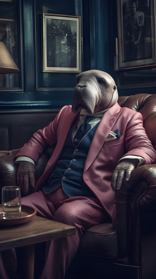Vinyl Decal, Walrus in Pink Suit Wall Art Dapper Animal Portrait Print