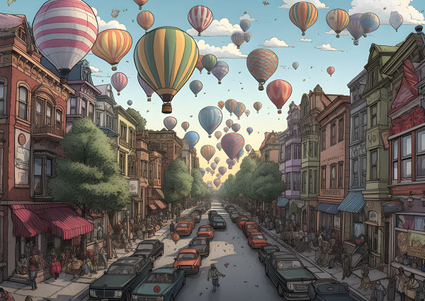 Vinyl Decal, Vibrant Hot Air Balloon Festival Cityscape Wall Art Poster Print