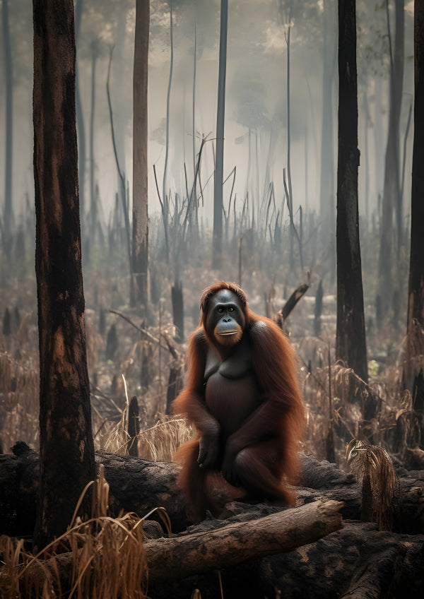 Vinyl Decal, Solitary Orangutan Sits on a Fallen Log in a Barren (5" x 7")