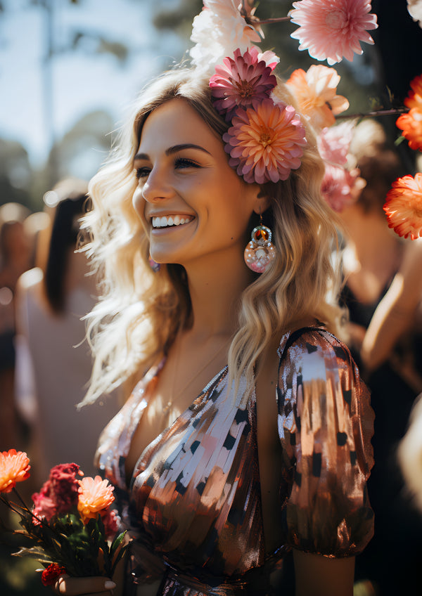 Vinyl Decal, Blonde Woman Smiling with Flowers Wall Art