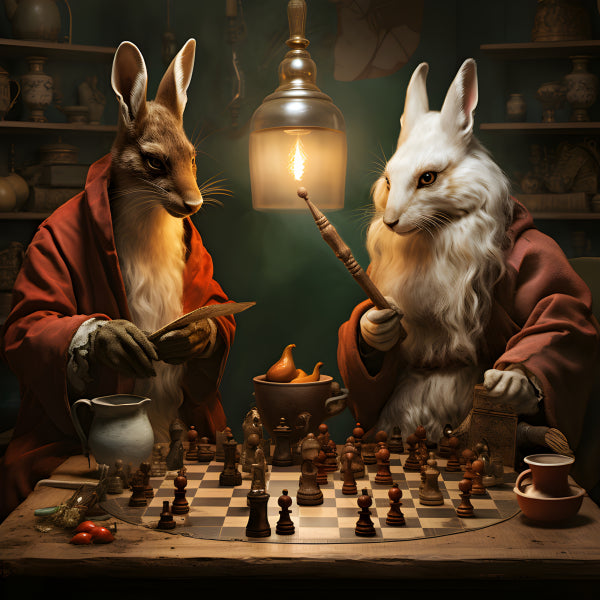 Vinyl Decal, Whimsical Hares Playing Chess in a Cozy Fantasy Setting Art Print (5" x 7")