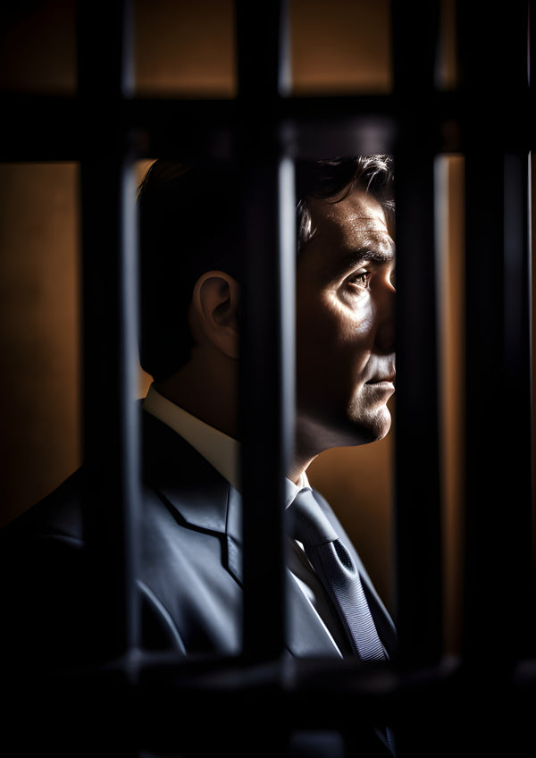 Vinyl Decal, Man Behind Bars Wall Art Poster Thoughtful Expression Dramatic Photo