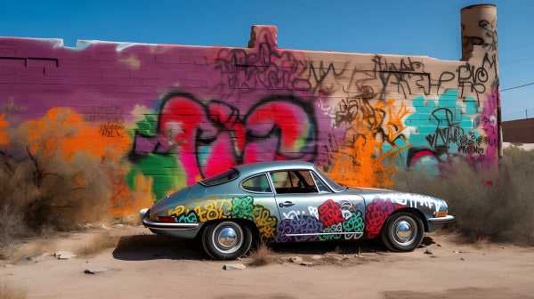 Vinyl Decal, Classic Silver Sports Car Graffiti Wall Art Poster