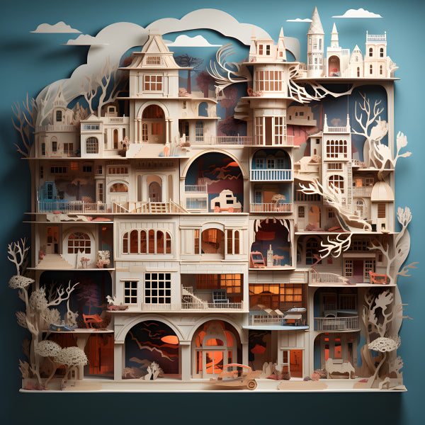 Vinyl Decal, Layered Paper Art Diorama Multi-Story Dollhouse Castle Architectural Model Kit Unique H