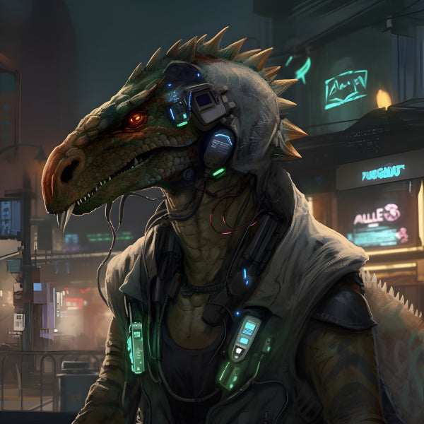 Vinyl Decal, Cyberpunk Dragonborn Art Print Futuristic Reptile Character (5" x 7")