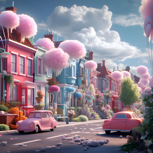 Vinyl Decal, Whimsical Cotton Candy Street Dream - Pink Vintage Cars & Pastel Houses Art Print (5" x
