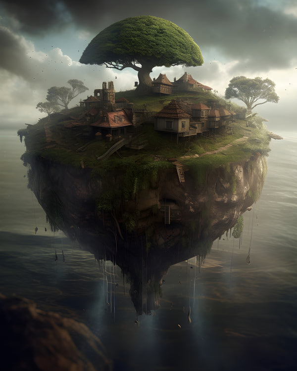 Vinyl Decal, Surreal Fantasy Floating Island Village with Giant Tree Digital Art Print (5" x 7")