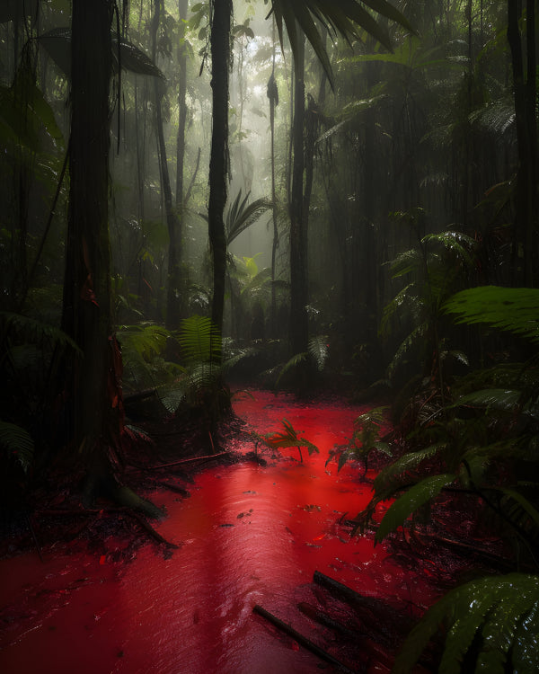 Vinyl Decal, Eerie Red River in Dark Forest, Moody Jungle Scene (5" x 7")