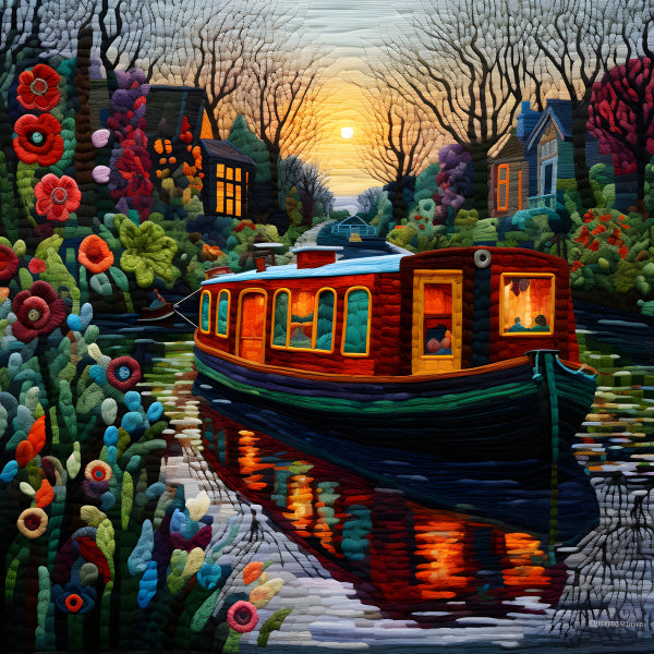Vinyl Decal, Embroidered Sunset Canal Houseboat Art Print (5" x 7")