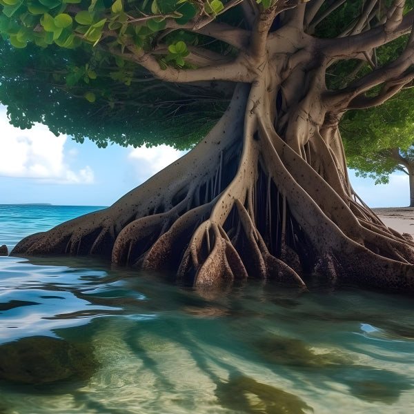 Vinyl Decal, Large Banyan Tree with Intertwined Roots on a Tropical Beach (5" x 7")