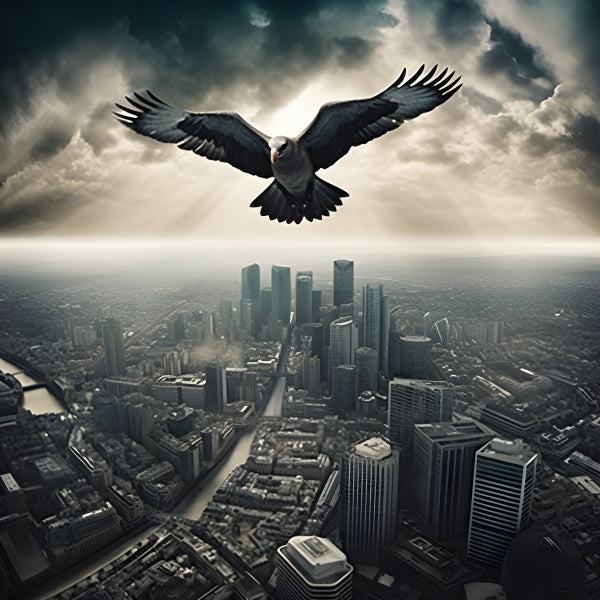 Vinyl Decal, Majestic Eagle Soaring Above the City Skyline Under Dramatic Clouds (5" x 7")