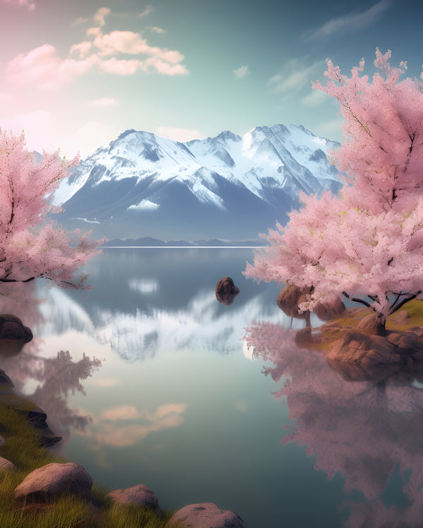 Vinyl Decal, Scenic Pink Cherry Blossom Lake & Snow Mountain Portrait Wall Art (5" x 7")