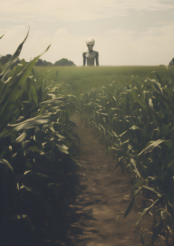 Vinyl Decal, Alien Figure in Corn Field Collectible Figurine Sci Fi Decor (5" x 7")
