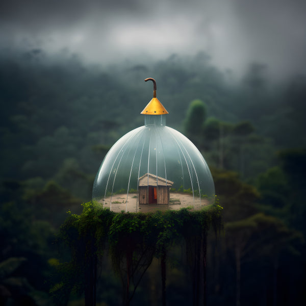 Vinyl Decal, Surreal Miniature House Under Glass Umbrella Dome Art Print (5" x 7")