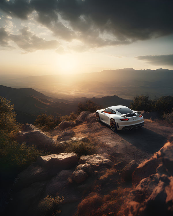 Vinyl Decal, Sleek White Sports Car Sits Atop a Rugged Mountain Road (5" x 7")