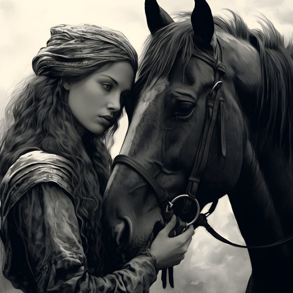 Vinyl Decal, Black and White Portrait of a Woman and Horse Embracing (5" x 7")