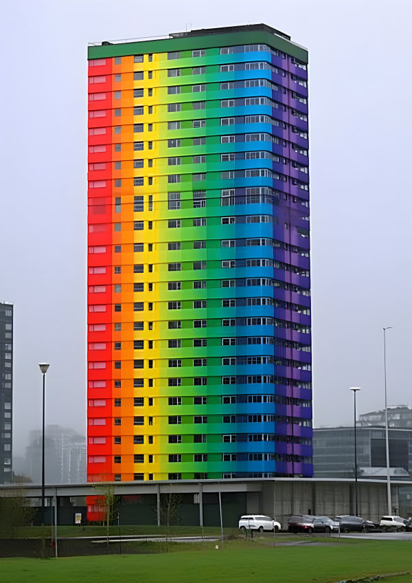 Vinyl Decal, Vibrant Rainbow Colored Apartment Building Unique Modern Architecture (5" x 7")