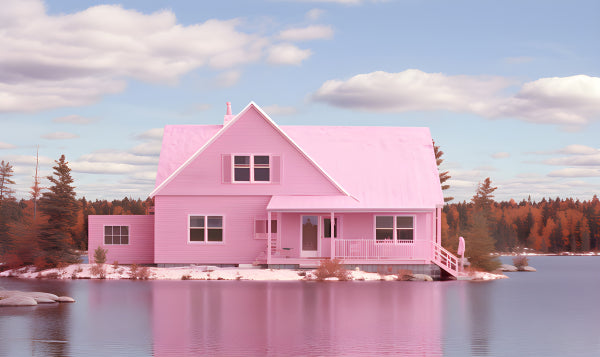 Vinyl Decal, Charming Pink Lakeside House on Water Edge with Lush Forest Background (5" x 7")
