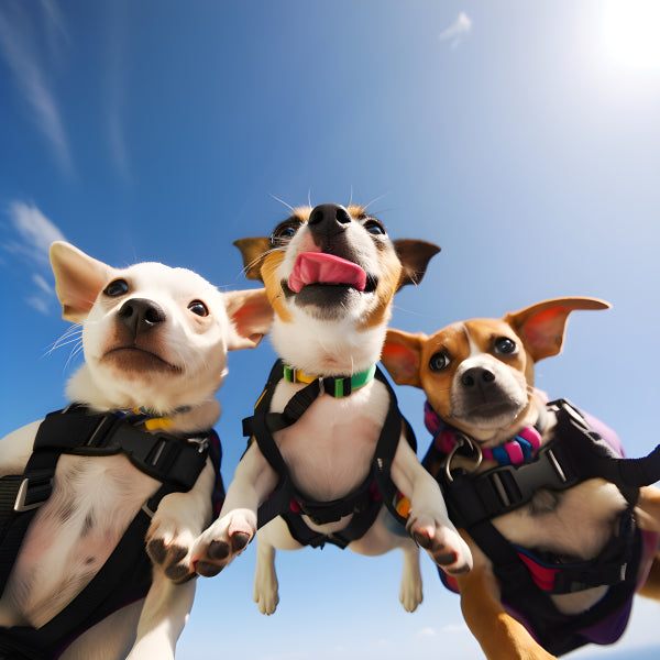 Vinyl Decal, Three Adorable Small Dogs Wearing Harnesses Looking Up at Camera in Bright Blue Sky (5"