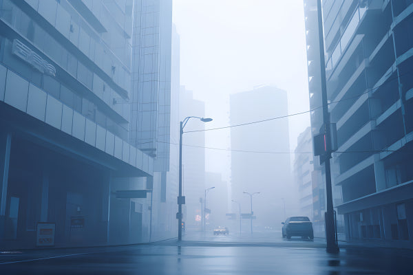 Vinyl Decal, Modern City Street in Heavy Fog and Rain | Urban Portrait Wall Art Print (5" x 7")