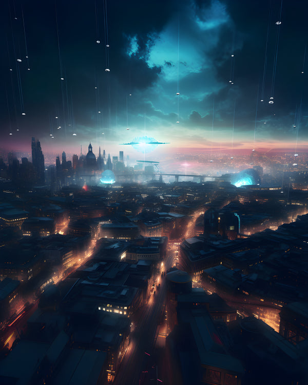 Vinyl Decal, Cityscape Night View with Sci-Fi Alien Invasion Atmosphere Art Print (5" x 7")