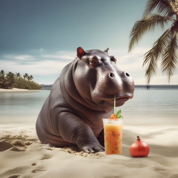 Vinyl Decal, Hippo Beach Vacation Cocktail Drink Tropical Animal Wall Art (5" x 7")