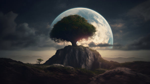 Vinyl Decal, Lone Tree on Rocky Hill Under Giant Moon Fantasy Portrait Art Print (5" x 7")