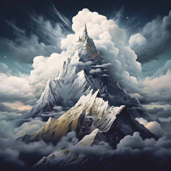 Vinyl Decal, Majestic Snow-Capped Mountain with Ancient Castle Fortress in the Clouds (5" x 7")