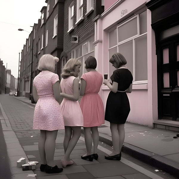 Vinyl Decal, Mod Fashion Women in Shift Dresses Street Scene (5" x 7")