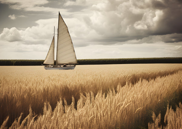 Vinyl Decal, Sailboat Navigating A Golden Wheat Field Under A Cloudy Sky Unique Surreal Portrait Art