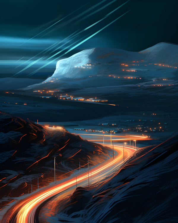 Vinyl Decal, Winding Mountain Road at Night with Light Trails and Snowy Portrait (5" x 7")